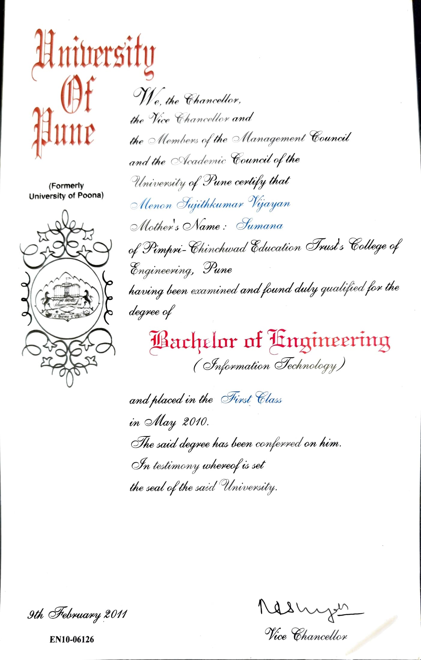 B.E., Information Technology certificate